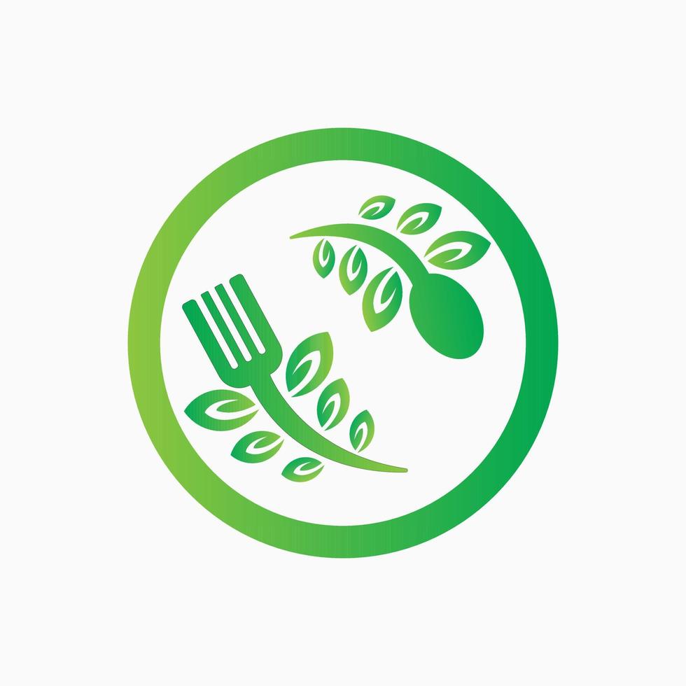 plantilla de diseño de logotipo de alimentos printgreen. vector de ilustración de cuchara, tenedor y hoja de logotipo de estilo simple