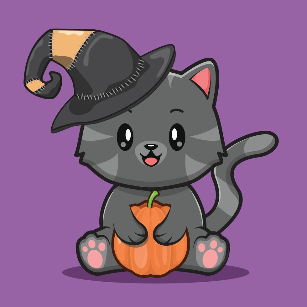 lindo gato negro con calabaza y sombrero de bruja. concepto de ilustración de dibujos animados de halloween vector