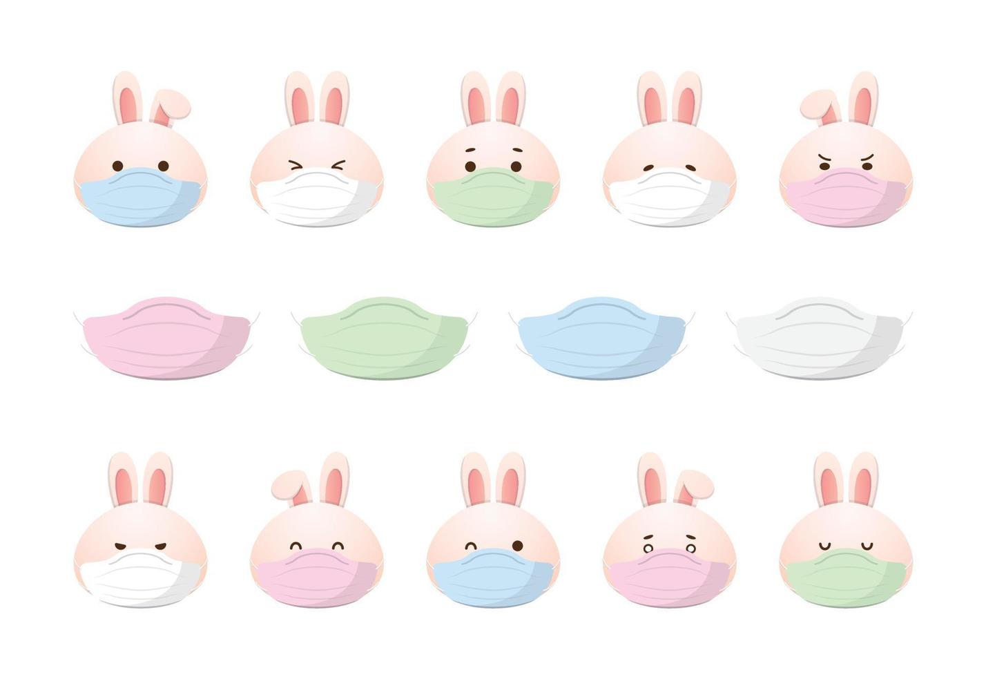 Cute rabbit character or mascot with various expressions, medical mask with virus and protection, health and lifestyle, vector cartoon style