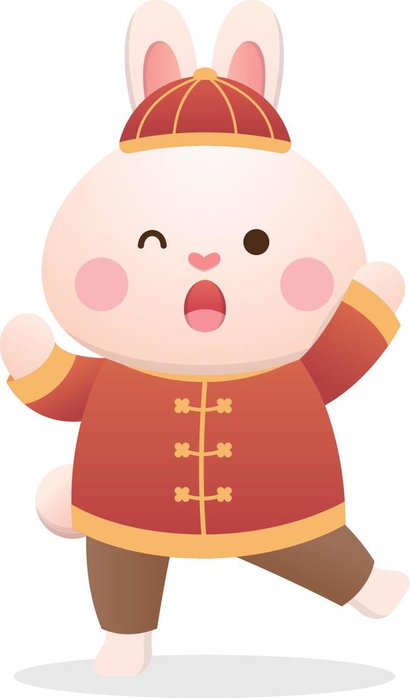 Chinese lunar new year with cute rabbit character or mascot, traditional chinese dress, design for the year of the rabbit, vector cartoon style