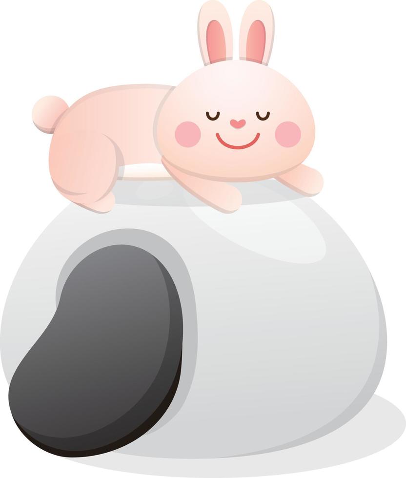 Cute rabbit character or mascot, lantern festival or winter solstice with glutinous rice balls, asian glutinous rice sweets, flavors and fillings, vector cartoon style