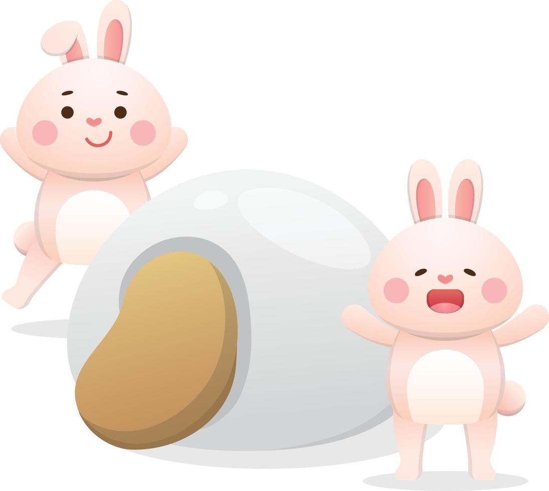 Cute rabbit character or mascot, lantern festival or winter solstice with glutinous rice balls, asian glutinous rice sweets, flavors and fillings, vector cartoon style