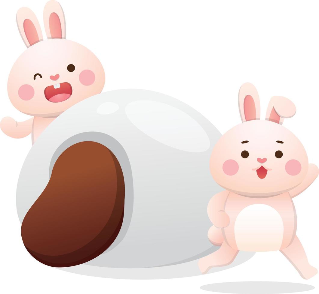 Cute rabbit character or mascot, lantern festival or winter solstice with glutinous rice balls, asian glutinous rice sweets, flavors and fillings, vector cartoon style