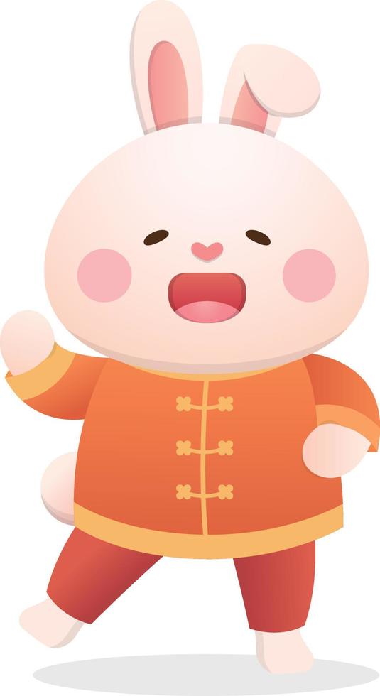 Chinese lunar new year with cute rabbit character or mascot, traditional chinese dress, design for the year of the rabbit, vector cartoon style