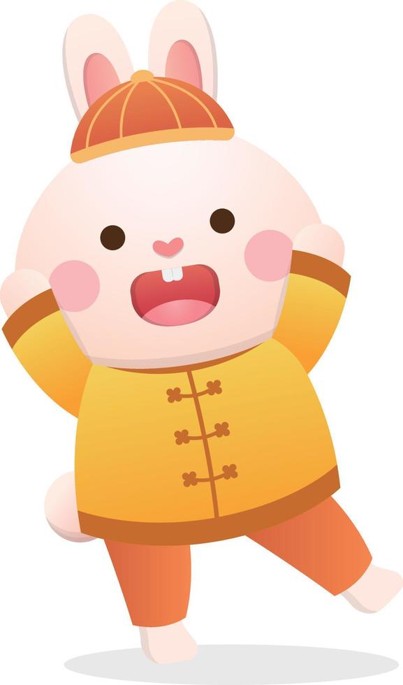 Chinese lunar new year with cute rabbit character or mascot, traditional chinese dress, design for the year of the rabbit, vector cartoon style