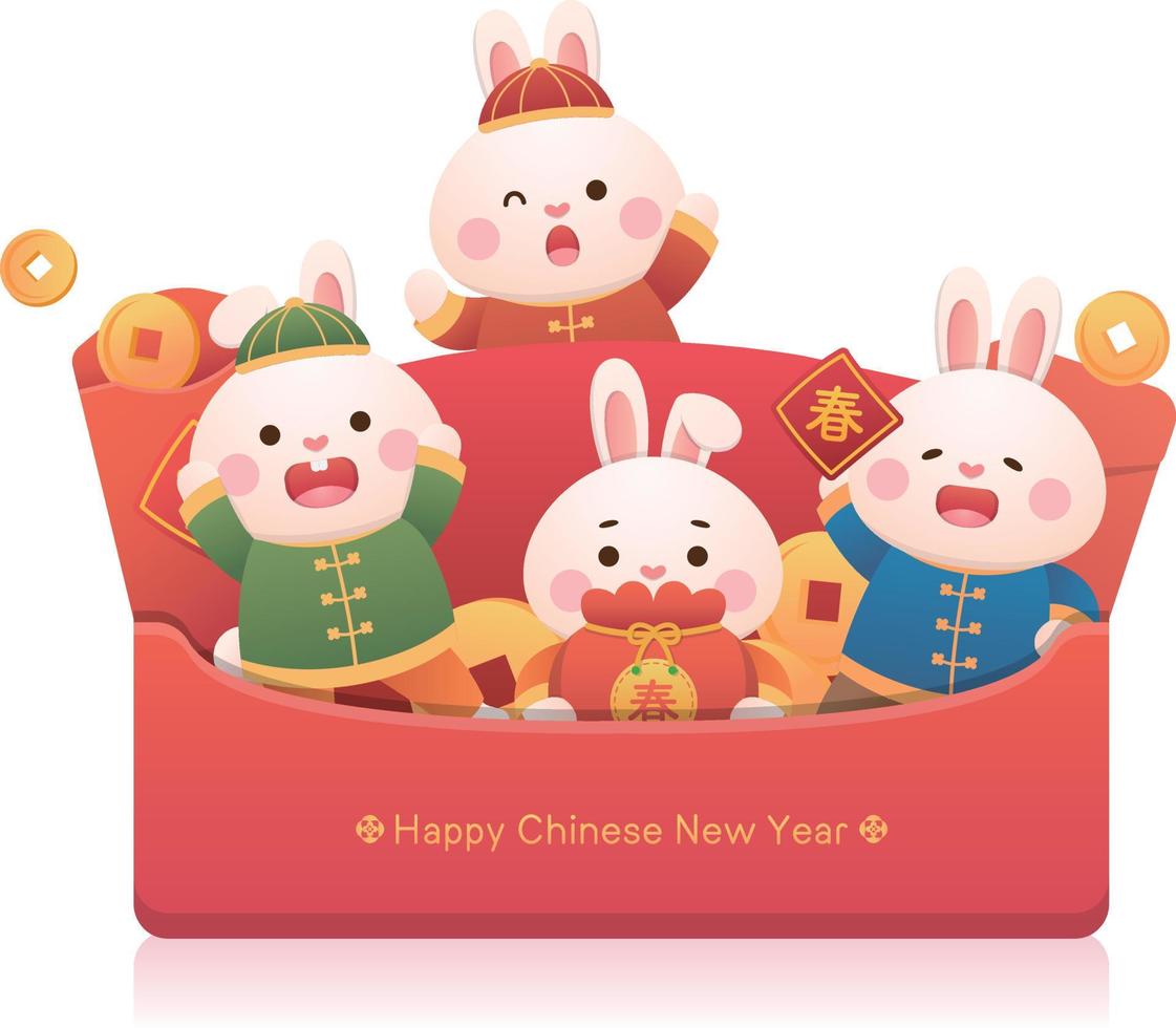 Chinese lunar new year with cute rabbit character or mascot, year of the rabbit design, red paper bag with gold ingots and coins, vector cartoon style