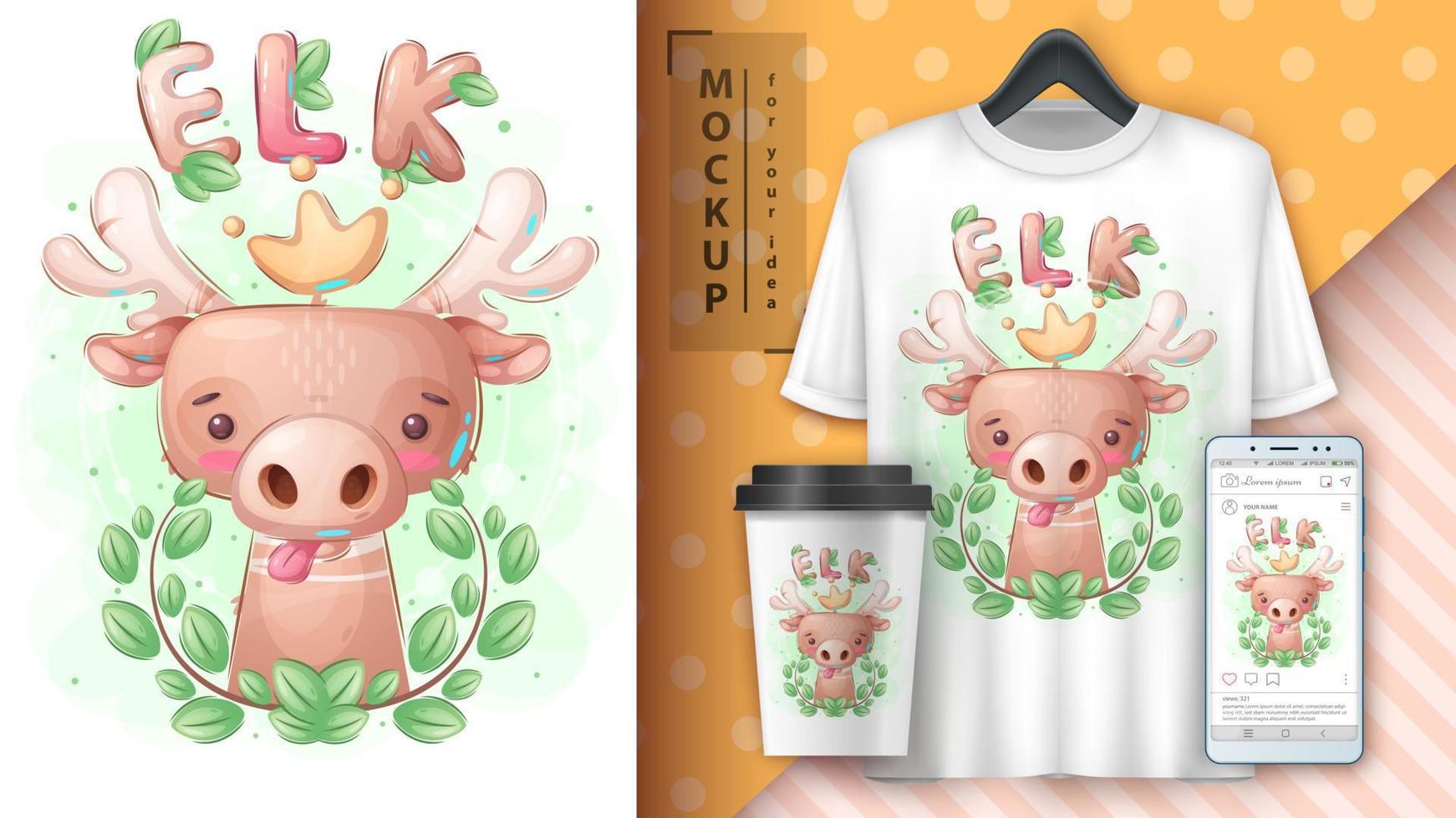 Cartoon character adorable elk in forest, pretty animal idea for print t-shirt, poster and kids envelope, postcard. Cute hand drawn style elk in forest vector