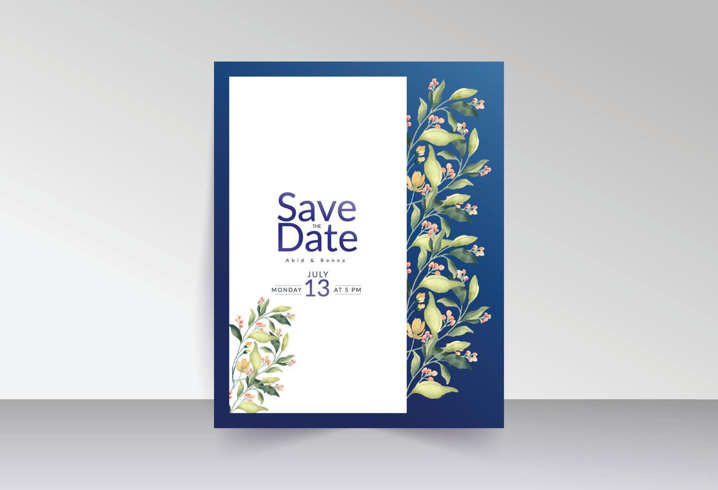 Pink wild flowers with green leaves and blue background save the date card vector