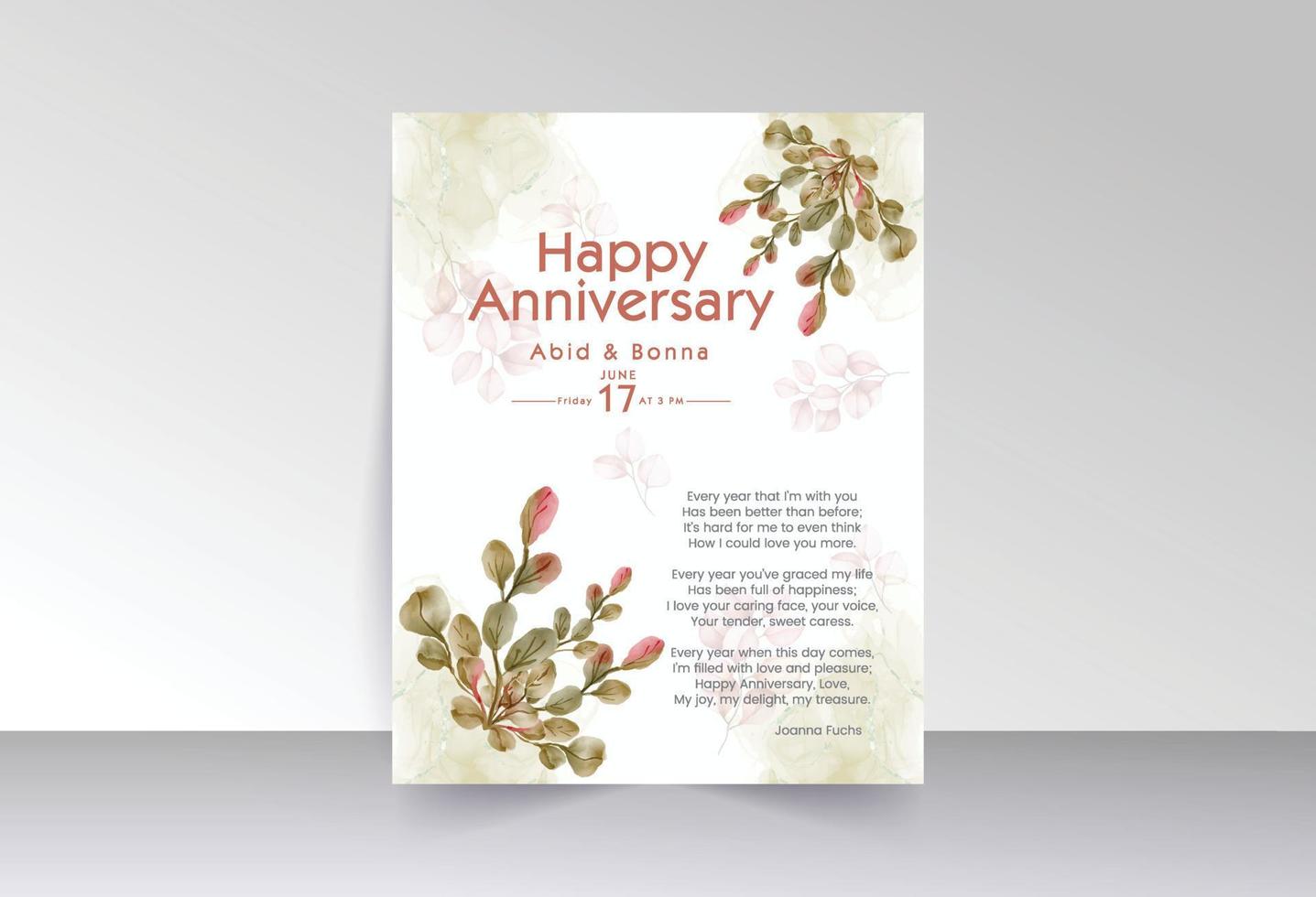 Summer leaves and watercolor background anniversary card vector