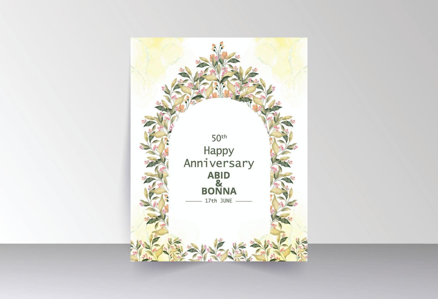 Pink wild flowers with green leaves gate-shaped anniversary card vector