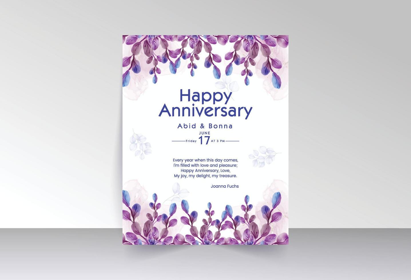 tarjeta de aniversario de hojas silvestres moradas y violetas con fondo blanco vector