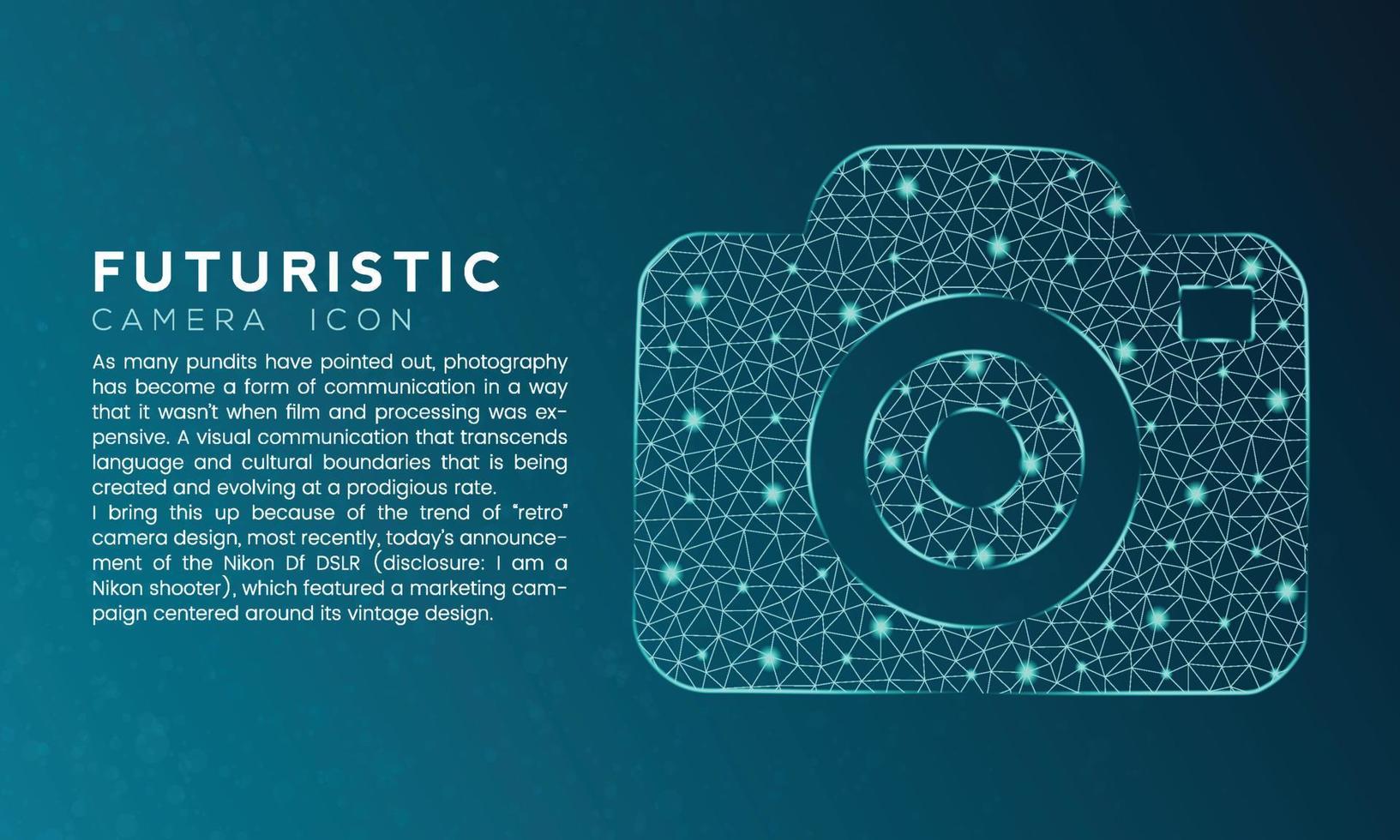Blue futuristic camera icon concept with polygon node connected dots and neon effect vector