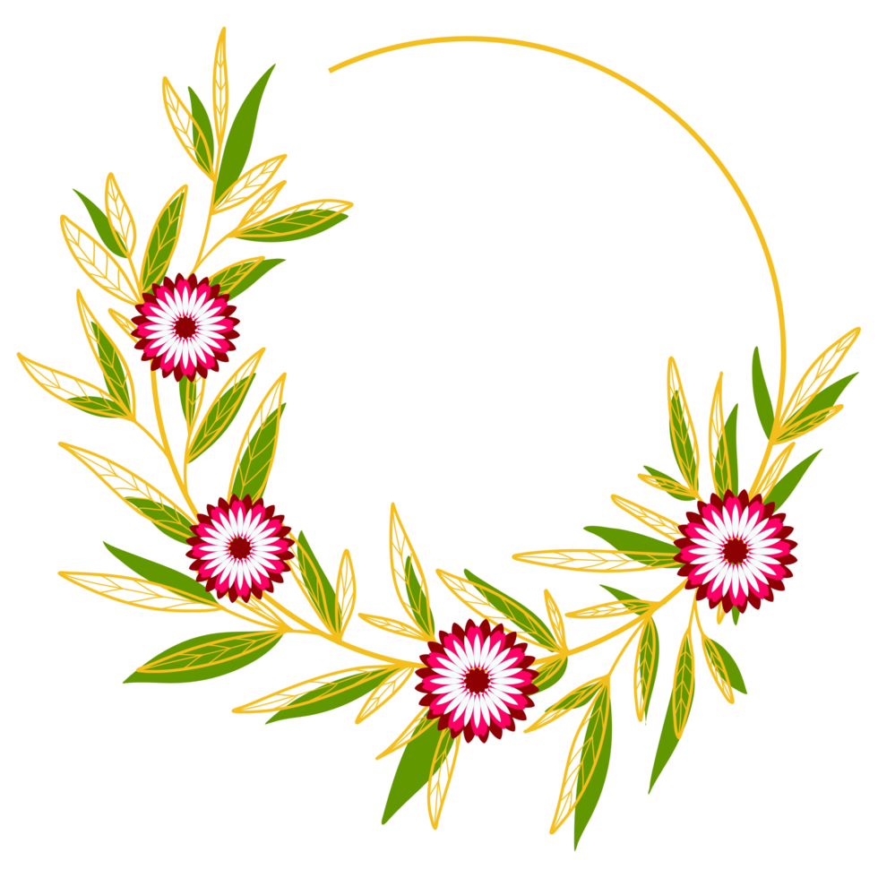 Gold Leaves Circle Frame with Pink Flower png