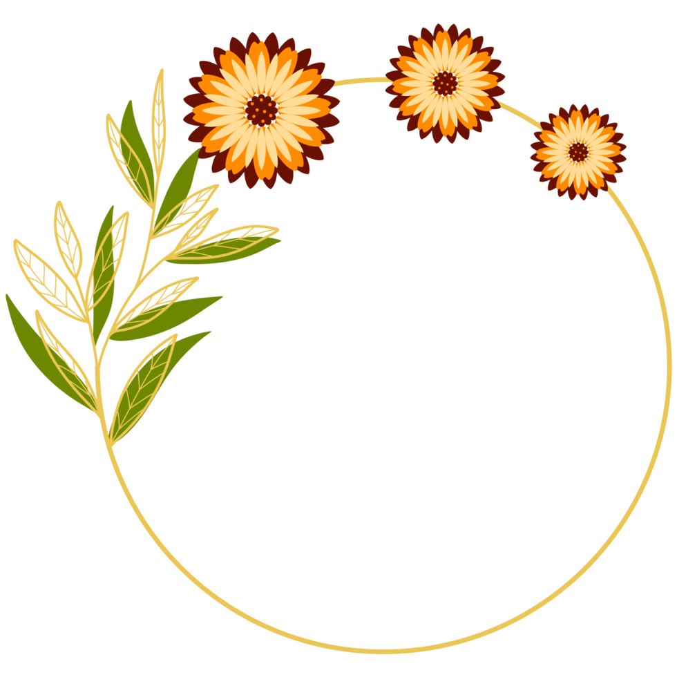 Gold Leaves Circle Frame with Orange Flower png