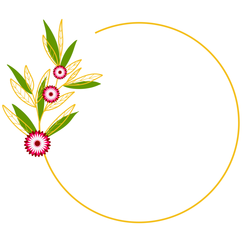 Gold Leaves Circle Frame with Pink Flower png