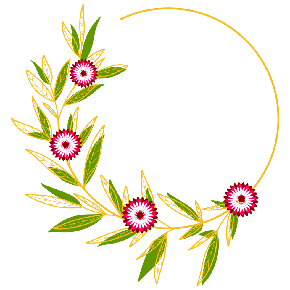 Gold Leaves Circle Frame with Pink Flower png