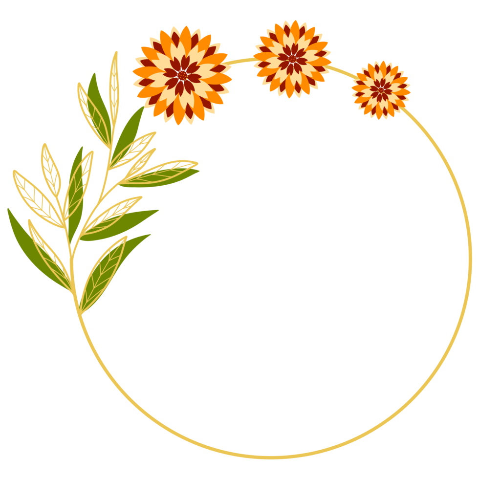 Gold Leaves Circle Frame with Orange Flower png