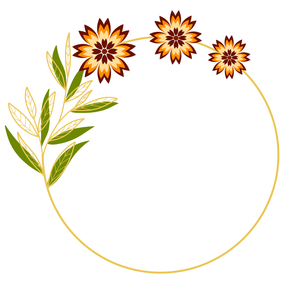 Gold Leaves Circle Frame with Orange Flower png