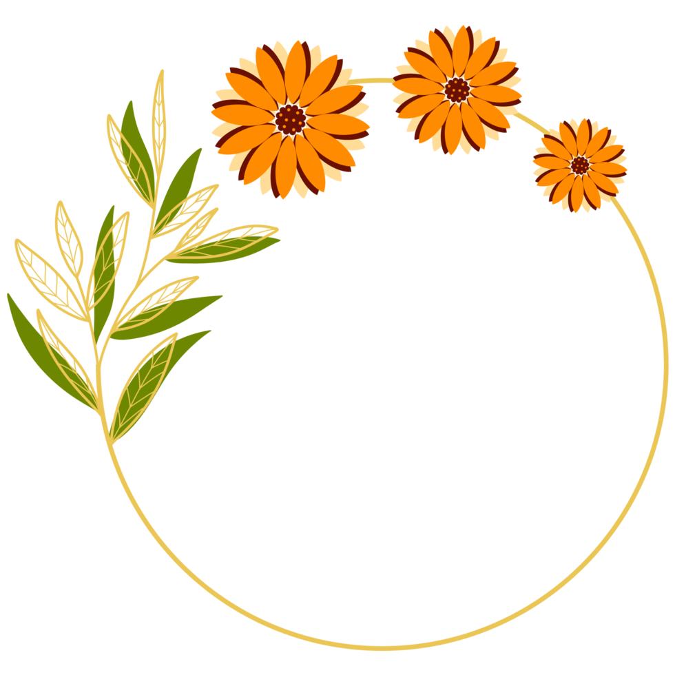 Gold Leaves Circle Frame with Orange Flower png