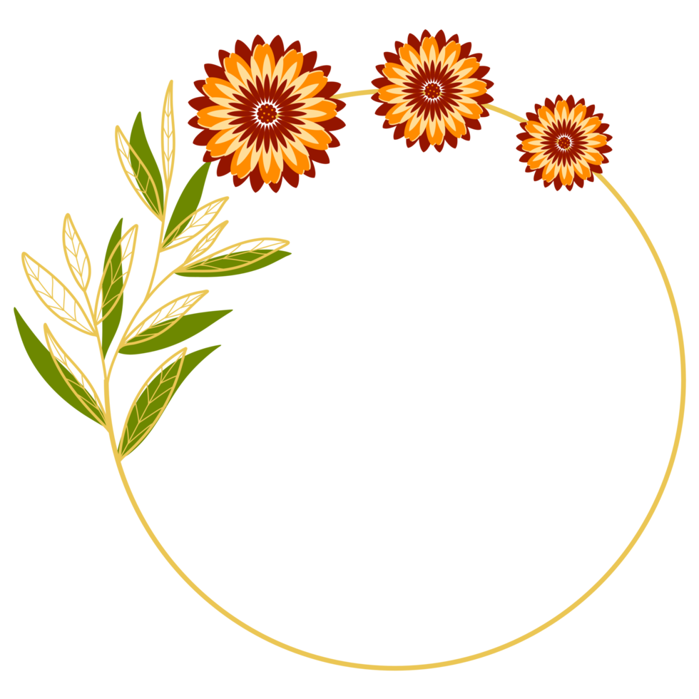 Gold Leaves Circle Frame with Orange Flower png