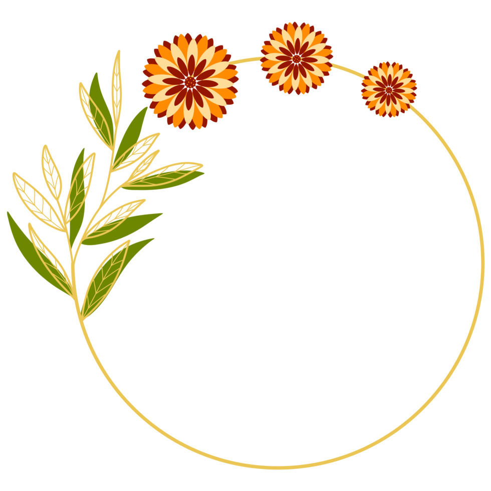 Gold Leaves Circle Frame with Orange Flower png