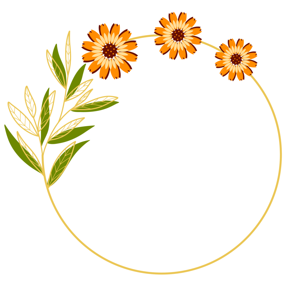 Gold Leaves Circle Frame with Orange Flower png