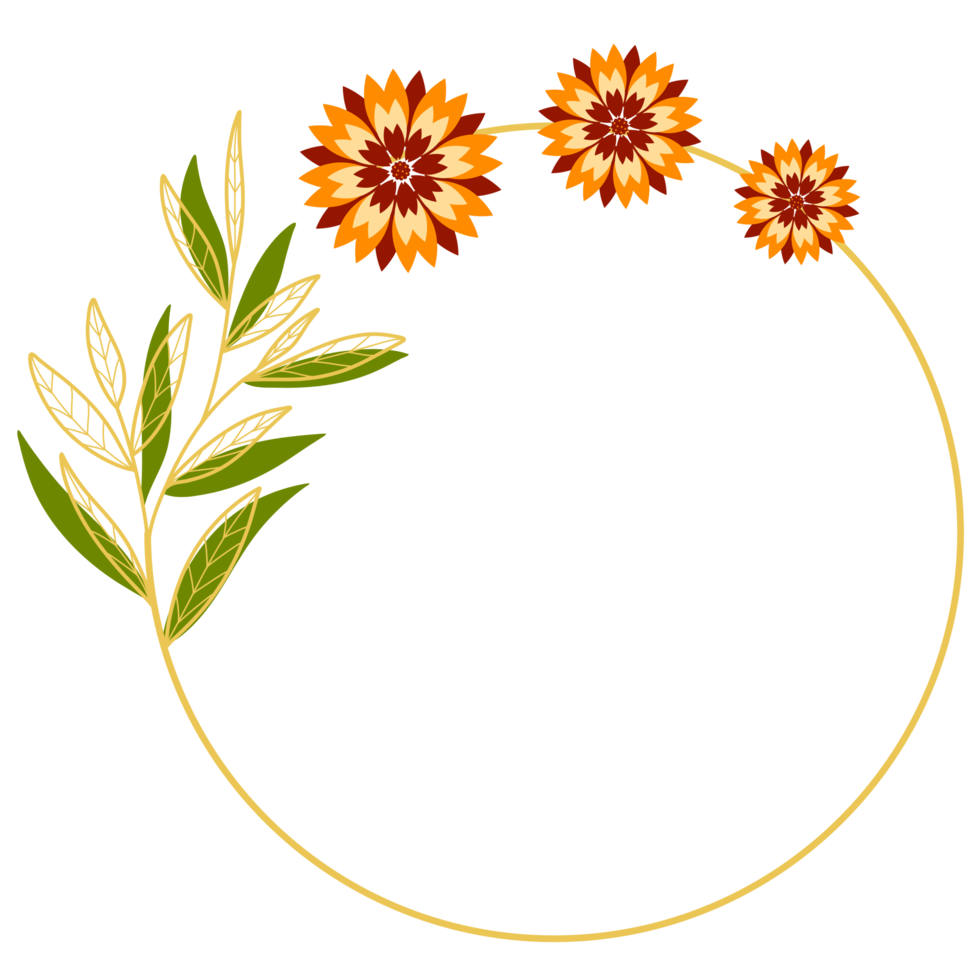 Gold Leaves Circle Frame with Orange Flower png