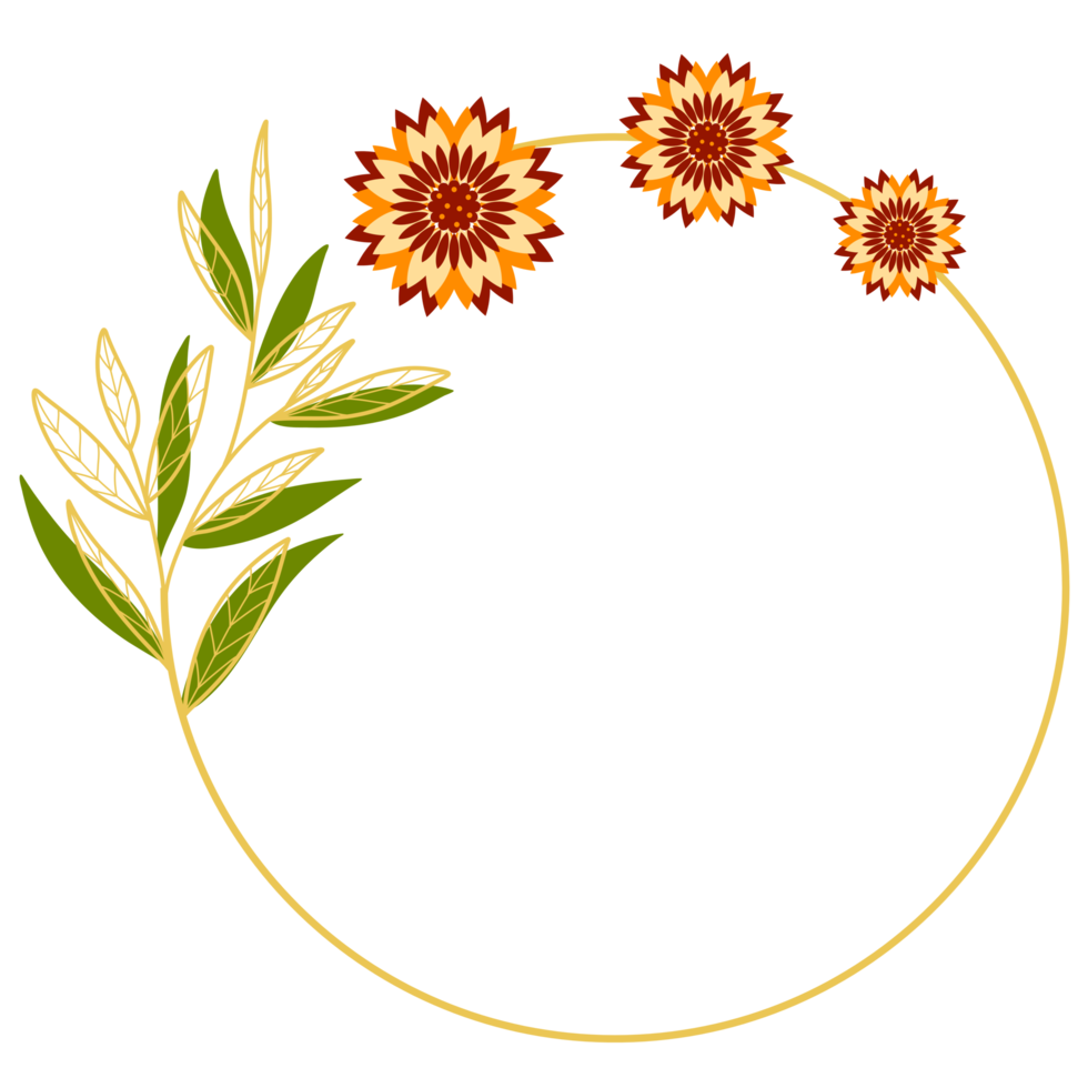 Gold Leaves Circle Frame with Orange Flower png