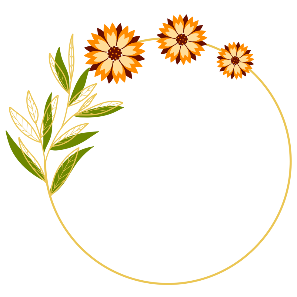 Gold Leaves Circle Frame with Orange Flower png