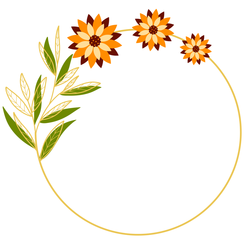 Gold Leaves Circle Frame with Orange Flower png