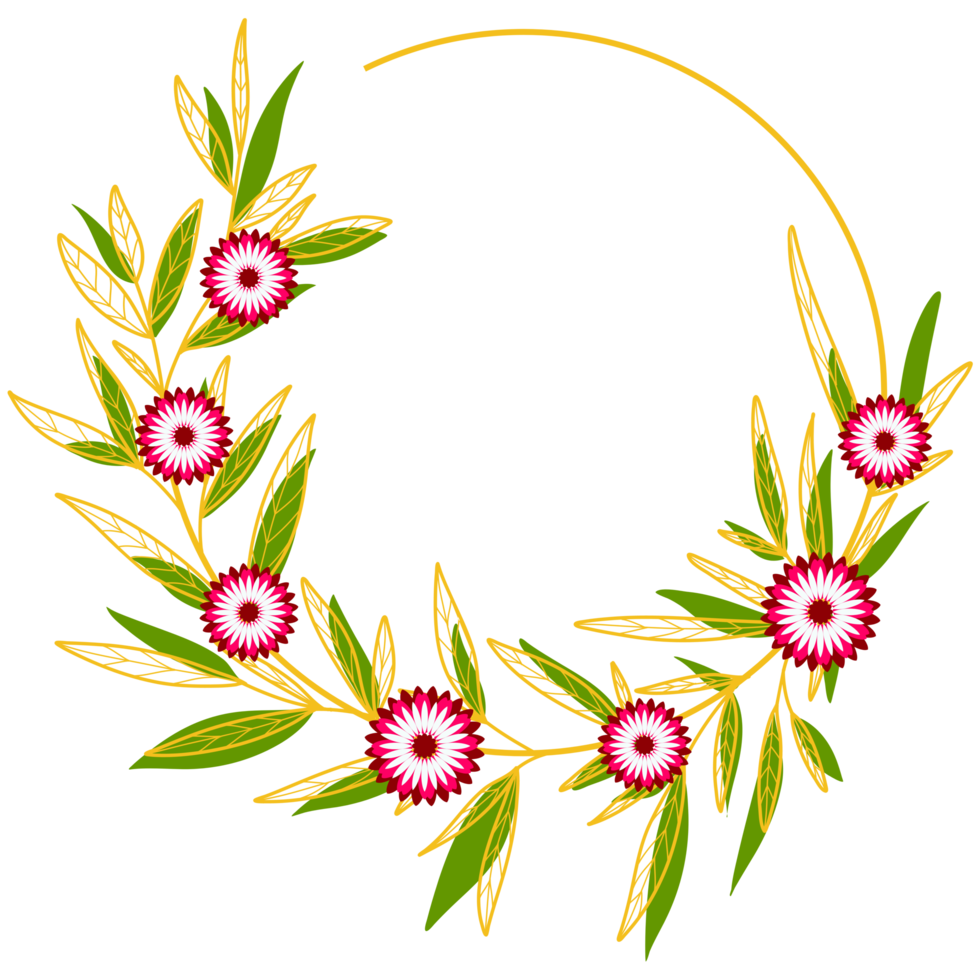 Gold Leaves Circle Frame with Pink Flower png