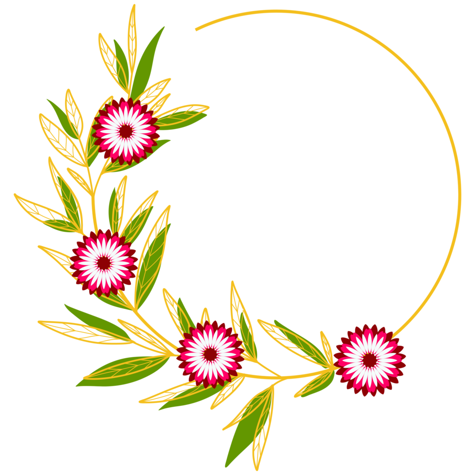 Gold Leaves Circle Frame with Pink Flower png