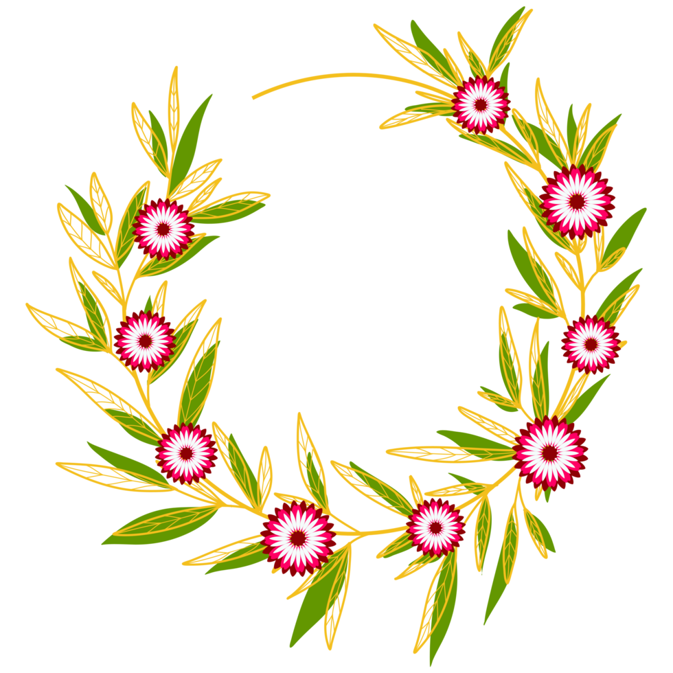 cadre de cercle de feuilles d'or avec fleur rose png