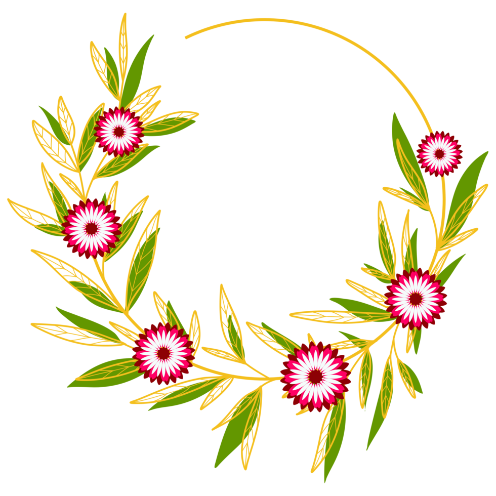 Gold Leaves Circle Frame with Pink Flower png
