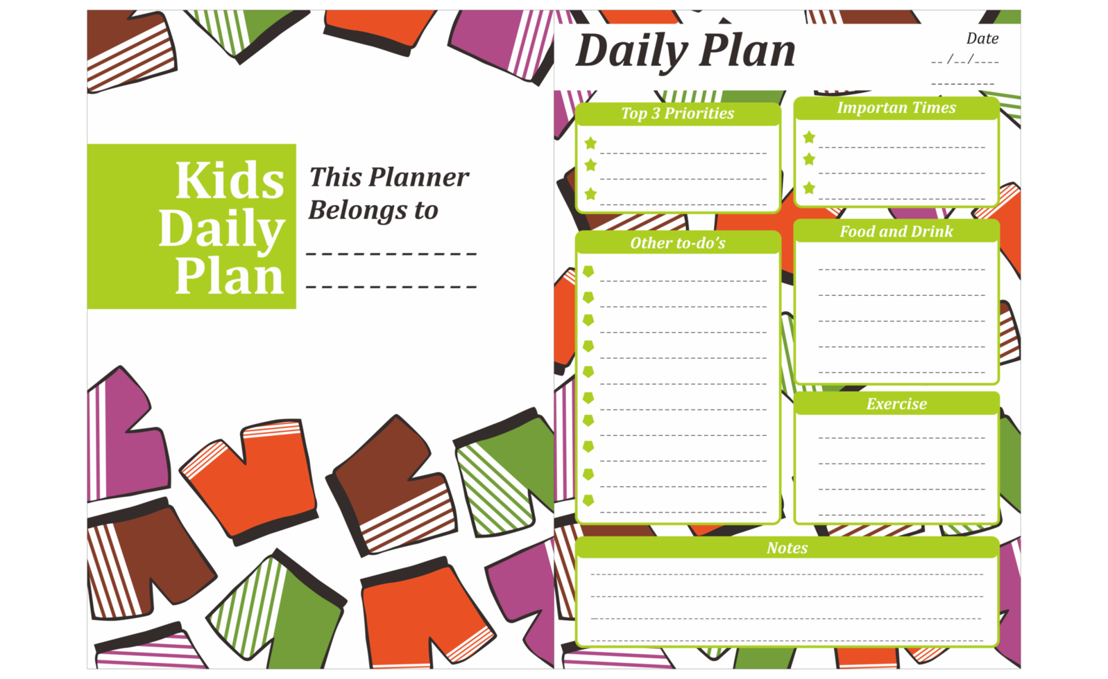 diseño de plan diario para niños con tema de pantalones cortos png