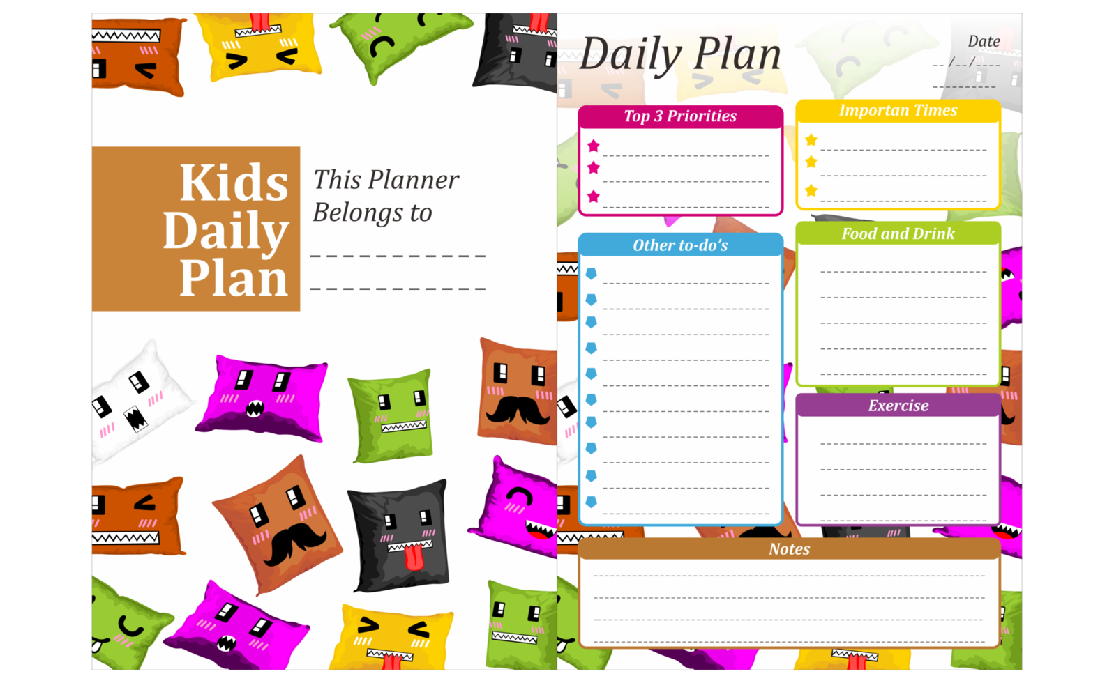 Kinder-Tagesplan-Design mit Kissen-Cartoon-Charakter-Thema png