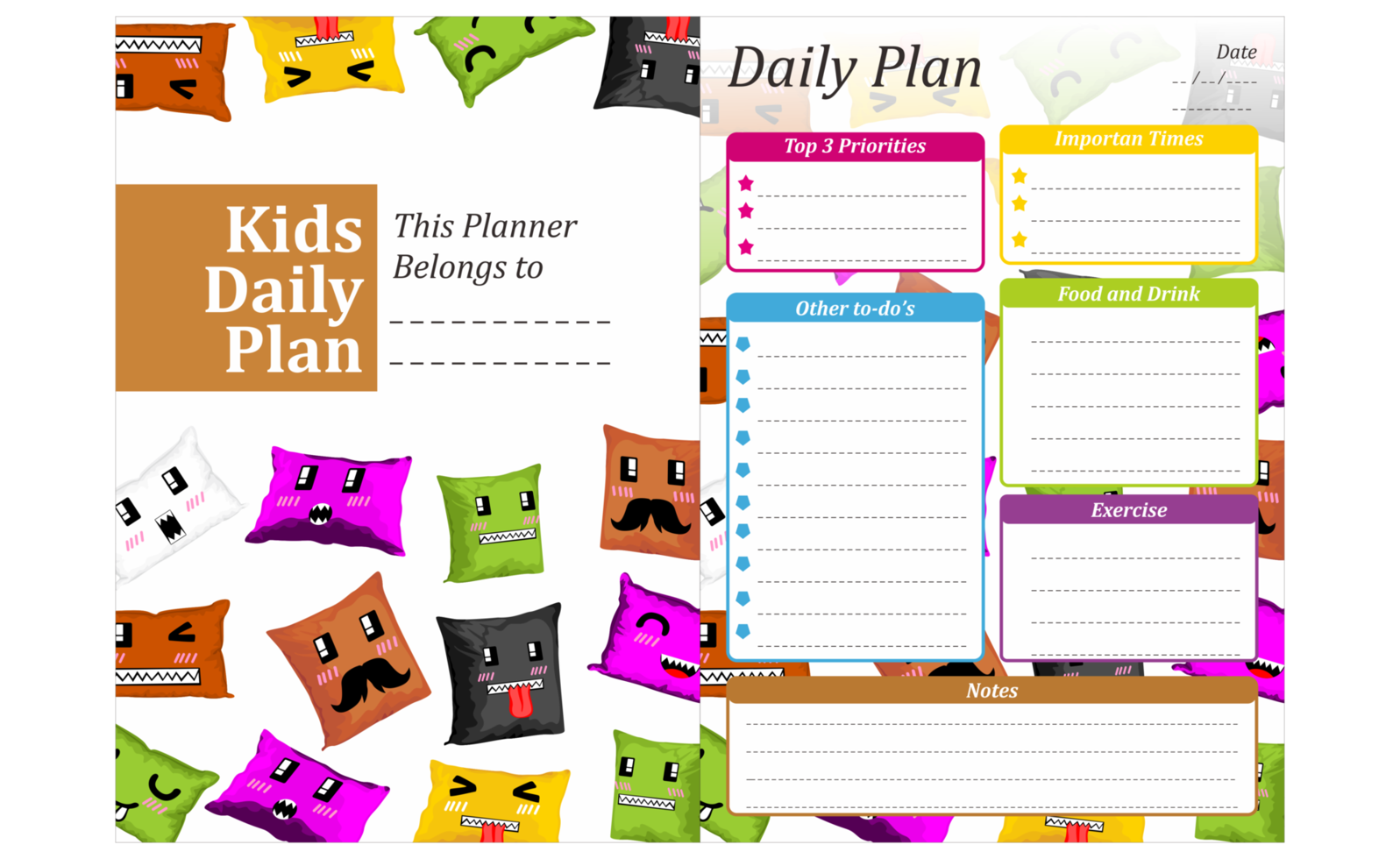 Kids Daily Plan Design with pillow cartoon character theme png