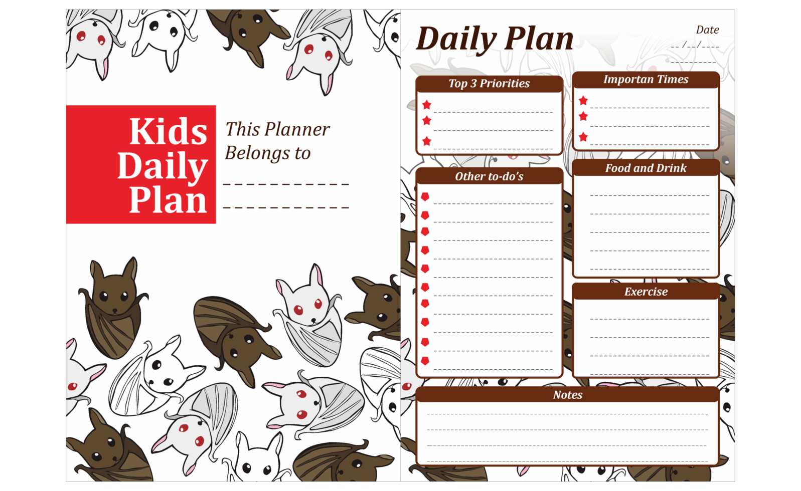 diseño de plan diario para niños con tema de murciélago png