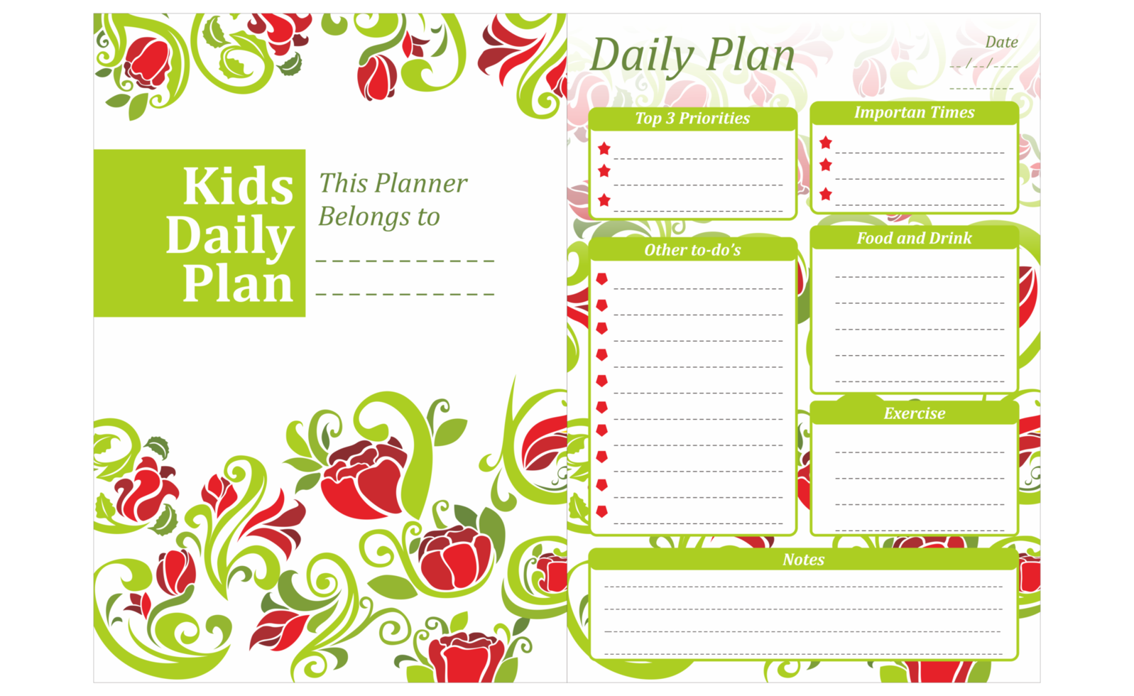 Kids Daily Plan Design with red rose flower ornament theme png