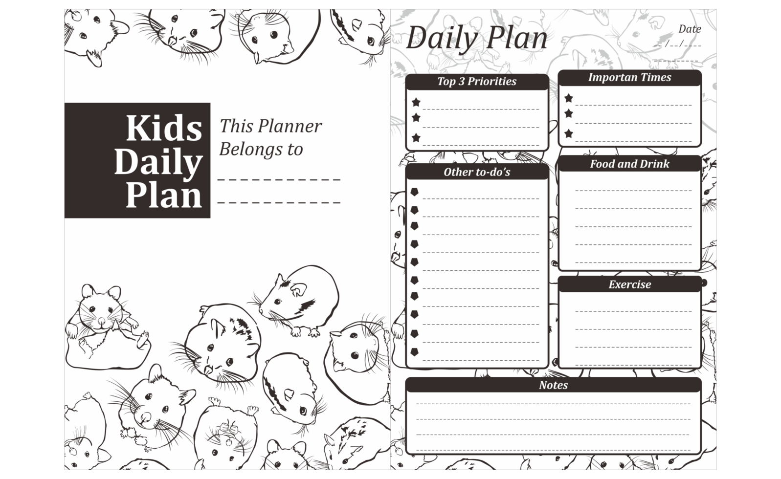 Kids Daily Plan Design with Cute Hamster Line art theme png