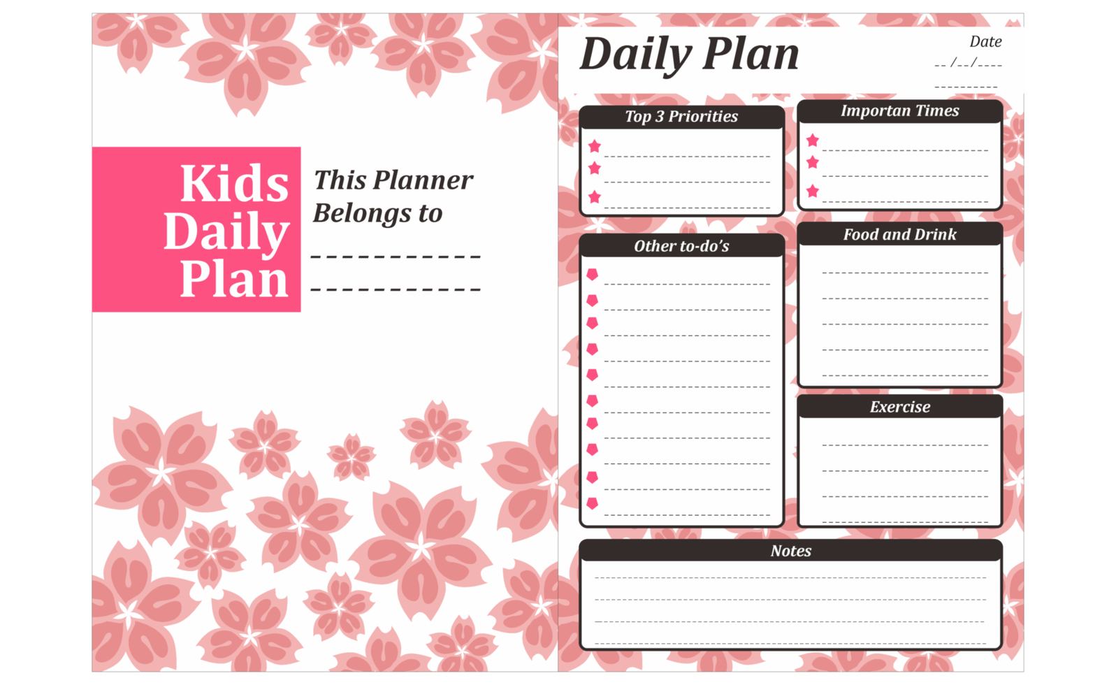 Kinder-Tagesplan-Design mit rosa Blumenthema png