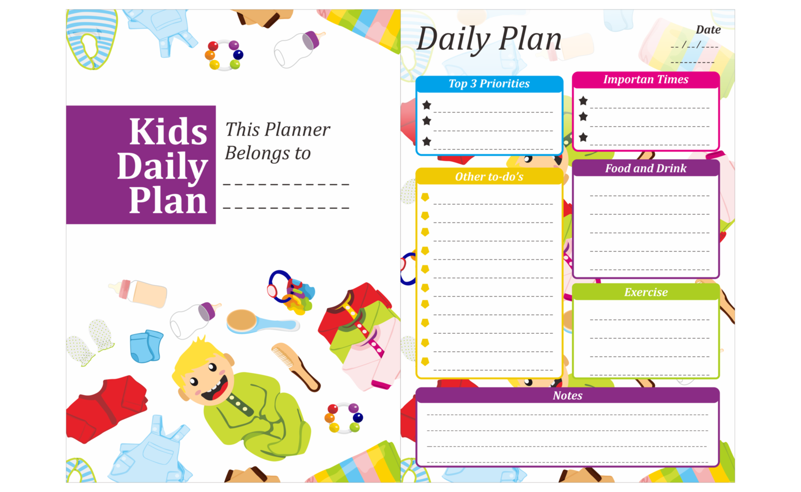 Kids Daily Plan Design with cute baby and baby equipment theme png