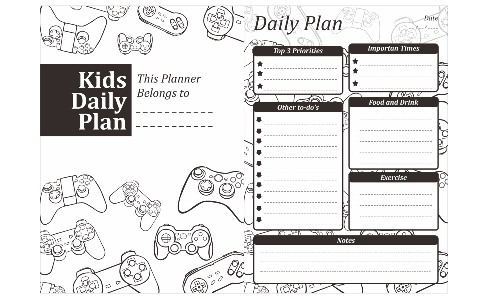 Kids Daily Plan Design with gamepad linea art theme png
