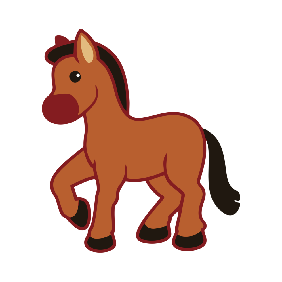 Illustration of cute brown horse. Horse image in png format. Suitable for children's book design elements. Introduction of brown horse to children. Books or posters about animal