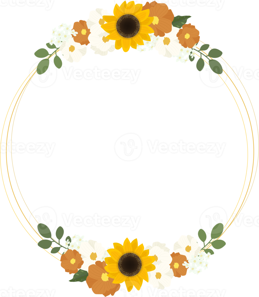 yellow sunflower wreath with golden round frame for spring or autumn png