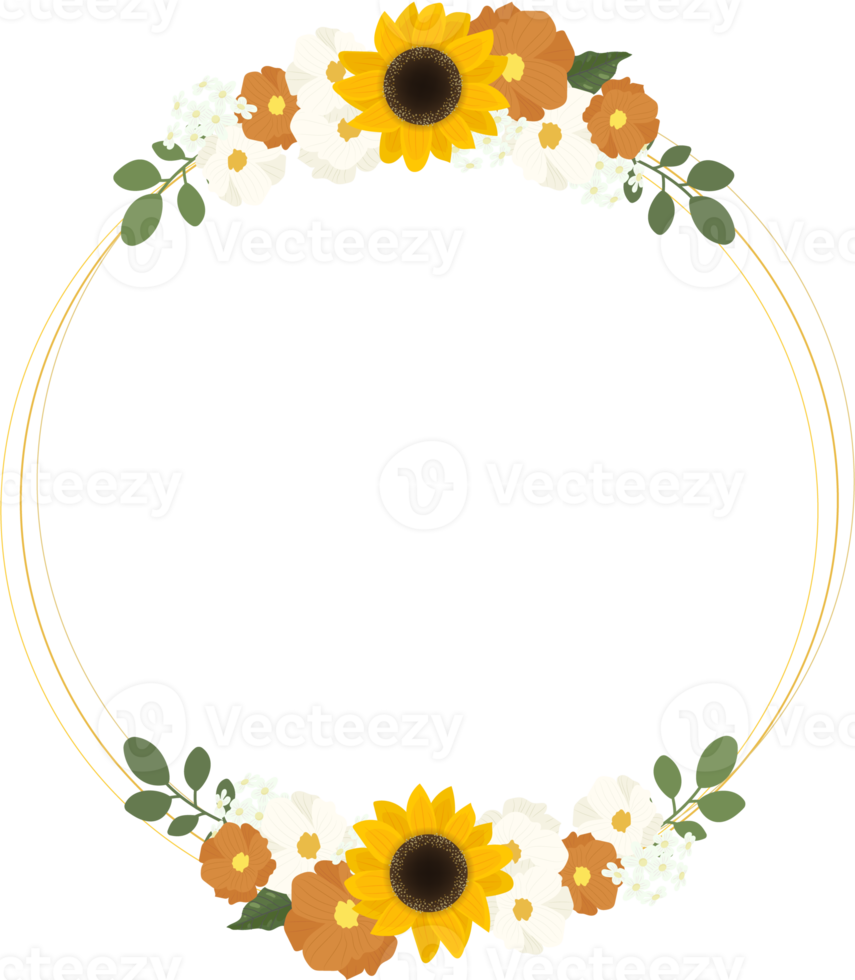 gelber sonnenblumenkranz mit goldenem rundem rahmen für frühling oder herbst png