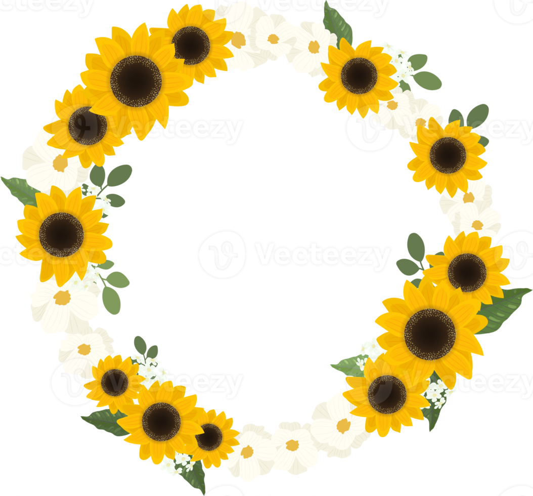 yellow sunflower wreath with golden round frame for spring or autumn png