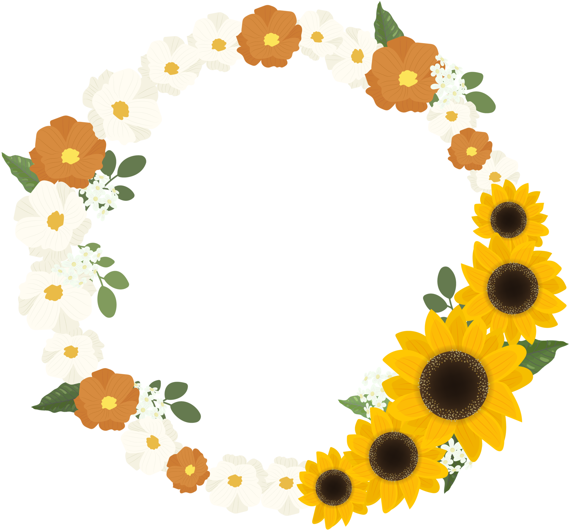 yellow sunflower wreath with golden round frame for spring or autumn 13078679 PNG