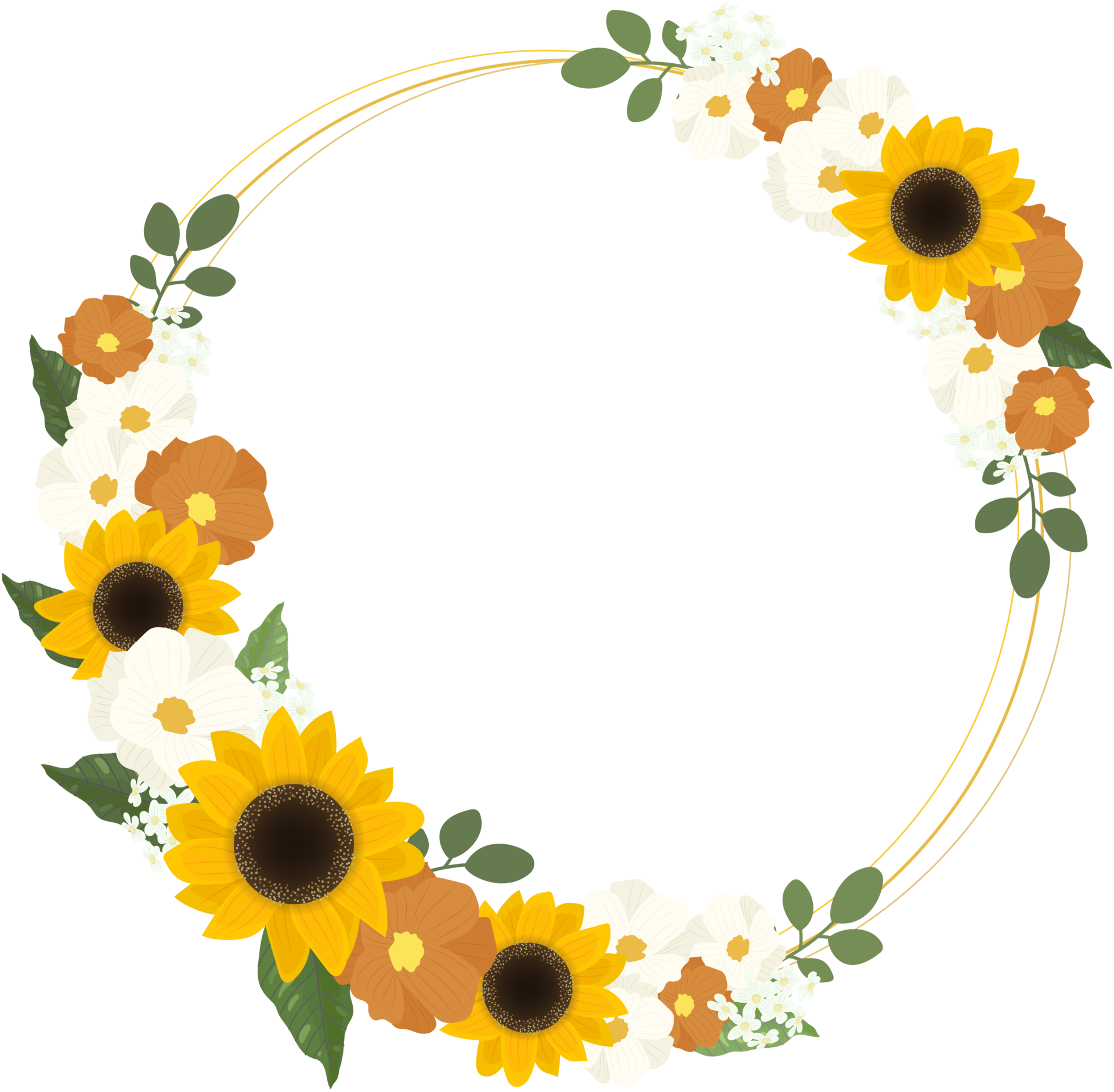 yellow sunflower wreath with golden round frame for spring or autumn