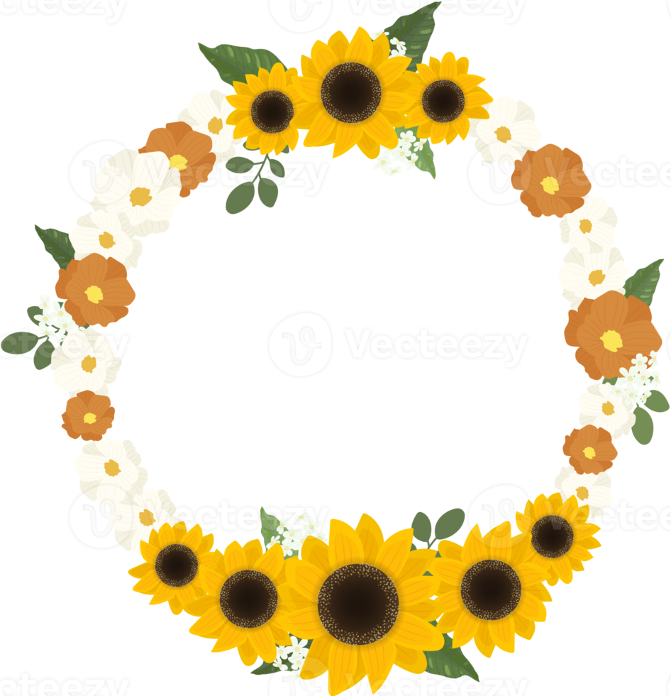 yellow sunflower wreath with golden round frame for spring or autumn png